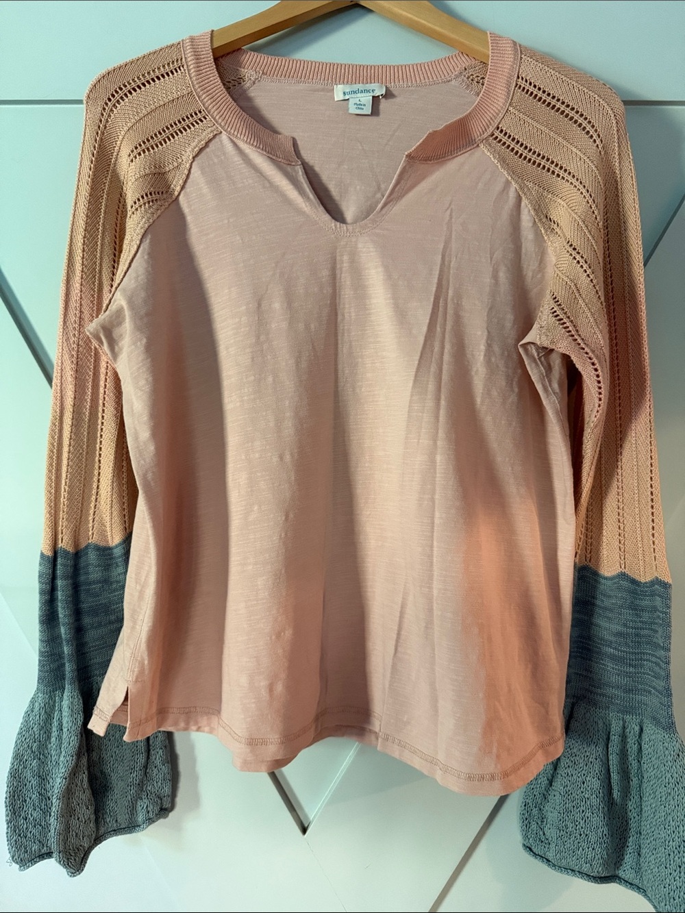 Sundance Peach-Pink Top with Gray Knit Bell Sleeves
